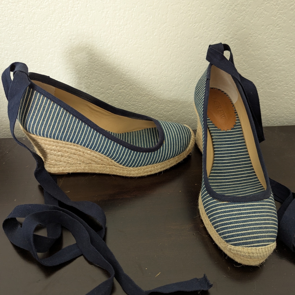 J. Crew Navy and White Espadrille Wedges